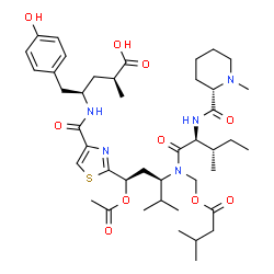 ChemSpider 2D Image | (2S,4R)-4-{[(2-{(1R,3R)-1-Acetoxy-4-methyl-3-[{[(3-methylbutanoyl)oxy]methyl}(N-{[(2S)-1-methyl-2-piperidinyl]carbonyl}-L-isoleucyl)amino]pentyl}-1,3-thiazol-4-yl)carbonyl]amino}-5-(4-hydroxyphenyl)-2
-methylpentanoic acid | C43H65N5O10S