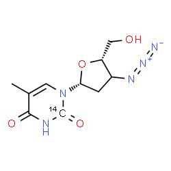 ChemSpider 2D Image | 1-[(3xi)-3-Azido-2,3-dideoxy-beta-D-glycero-pentofuranosyl]-5-methyl-2,4(1H,3H)-(2-~14~C)pyrimidinedione | C914CH13N5O4