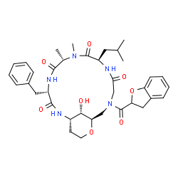ChemSpider 2D Image | (1S,4S,7S,10R,16R,20S)-4-Benzyl-14-(2,3-dihydro-1-benzofuran-2-ylcarbonyl)-20-hydroxy-10-isobutyl-7,8-dimethyl-17-oxa-2,5,8,11,14-pentaazabicyclo[14.3.1]icosane-3,6,9,12-tetrone | C36H47N5O8