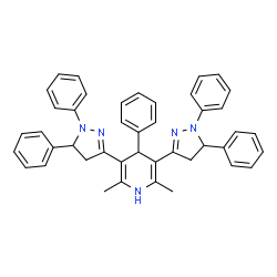 ChemSpider 2D Image | 3,5-Bis(1,5-diphenyl-4,5-dihydro-1H-pyrazol-3-yl)-2,6-dimethyl-4-phenyl-1,4-dihydropyridine | C43H39N5