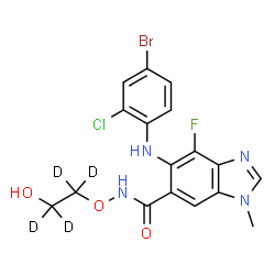 ChemSpider 2D Image | 5-[(4-Bromo-2-chlorophenyl)amino]-4-fluoro-N-{[2-hydroxy(~2~H_4_)ethyl]oxy}-1-methyl-1H-benzimidazole-6-carboxamide | C17H11D4BrClFN4O3