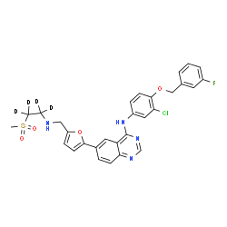 ChemSpider 2D Image | N-{3-Chloro-4-[(3-fluorobenzyl)oxy]phenyl}-6-[5-({[2-(methylsulfonyl)(~2~H_4_)ethyl]amino}methyl)-2-furyl]-4-quinazolinamine | C29H22D4ClFN4O4S