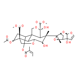 ChemSpider 2D Image | Dimethyl (3S,4S,10R,10aS)-10-acetoxy-3,5-dihydroxy-4-[(6R,8S,9R,11S)-2-hydroxy-11-methyl-5,7,10-trioxatetracyclo[6.3.1.0~2,6~.0~9,11~]dodec-3-en-9-yl]-4-methyl-8-{[(2Z)-2-methyl-2-butenoyl]oxy}octahydro-1H-furo[3',4':4,4a]naphtho[1,8-bc]furan-5,10a(8H)-dicarboxylate | C35H44O16