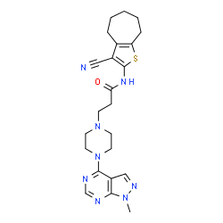 ChemSpider 2D Image | N-(3-Cyano-5,6,7,8-tetrahydro-4H-cyclohepta[b]thiophen-2-yl)-3-[4-(1-methyl-1H-pyrazolo[3,4-d]pyrimidin-4-yl)-1-piperazinyl]propanamide | C23H28N8OS