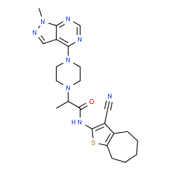 ChemSpider 2D Image | N-(3-Cyano-5,6,7,8-tetrahydro-4H-cyclohepta[b]thiophen-2-yl)-2-[4-(1-methyl-1H-pyrazolo[3,4-d]pyrimidin-4-yl)-1-piperazinyl]propanamide | C23H28N8OS