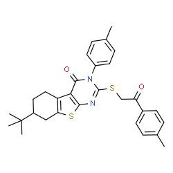 ChemSpider 2D Image | 7-tert-Butyl-3-(4-methylphenyl)-2-{[2-(4-methylphenyl)-2-oxoethyl]sulfanyl}-5,6,7,8-tetrahydro[1]benzothieno[2,3-d]pyrimidin-4(3H)-one | C30H32N2O2S2