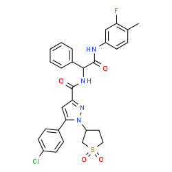 ChemSpider 2D Image | 5-(4-Chlorophenyl)-1-(1,1-dioxidotetrahydro-3-thiophenyl)-N-{2-[(3-fluoro-4-methylphenyl)amino]-2-oxo-1-phenylethyl}-1H-pyrazole-3-carboxamide | C29H26ClFN4O4S