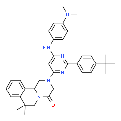 ChemSpider 2D Image | 2-(6-{[4-(Dimethylamino)phenyl]amino}-2-[4-(2-methyl-2-propanyl)phenyl]-4-pyrimidinyl)-7,7-dimethyl-1,2,3,6,7,11b-hexahydro-4H-pyrazino[2,1-a]isoquinolin-4-one | C36H42N6O