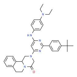 ChemSpider 2D Image | 2-(6-{[4-(Diethylamino)phenyl]amino}-2-[4-(2-methyl-2-propanyl)phenyl]-4-pyrimidinyl)-1,2,3,6,7,11b-hexahydro-4H-pyrazino[2,1-a]isoquinolin-4-one | C36H42N6O
