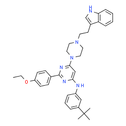 ChemSpider 2D Image | 2-(4-Ethoxyphenyl)-6-{4-[2-(1H-indol-3-yl)ethyl]-1-piperazinyl}-N-[3-(2-methyl-2-propanyl)phenyl]-4-pyrimidinamine | C36H42N6O