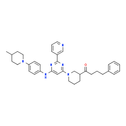 ChemSpider 2D Image | 1-{1-[6-{[4-(4-Methyl-1-piperidinyl)phenyl]amino}-2-(3-pyridinyl)-4-pyrimidinyl]-3-piperidinyl}-4-phenyl-1-butanone | C36H42N6O