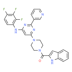 ChemSpider 2D Image | 1H-Indol-2-yl(4-{2-(3-pyridinyl)-6-[(2,3,4-trifluorophenyl)amino]-4-pyrimidinyl}-1-piperazinyl)methanone | C28H22F3N7O