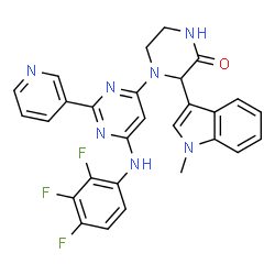 ChemSpider 2D Image | 3-(1-Methyl-1H-indol-3-yl)-4-{2-(3-pyridinyl)-6-[(2,3,4-trifluorophenyl)amino]-4-pyrimidinyl}-2-piperazinone | C28H22F3N7O
