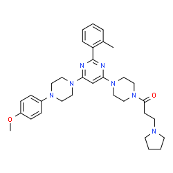 ChemSpider 2D Image | 1-(4-{6-[4-(4-Methoxyphenyl)-1-piperazinyl]-2-(2-methylphenyl)-4-pyrimidinyl}-1-piperazinyl)-3-(1-pyrrolidinyl)-1-propanone | C33H43N7O2