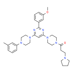 ChemSpider 2D Image | 1-(4-{2-(3-Methoxyphenyl)-6-[4-(3-methylphenyl)-1-piperazinyl]-4-pyrimidinyl}-1-piperazinyl)-3-(1-pyrrolidinyl)-1-propanone | C33H43N7O2