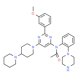 ChemSpider 2D Image | N-[6-(1,4'-Bipiperidin-1'-yl)-2-(3-methoxyphenyl)-4-pyrimidinyl]-N-[2-(1-piperazinyl)phenyl]acetamide | C33H43N7O2