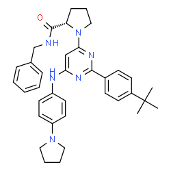 ChemSpider 2D Image | N-Benzyl-1-(2-[4-(2-methyl-2-propanyl)phenyl]-6-{[4-(1-pyrrolidinyl)phenyl]amino}-4-pyrimidinyl)-L-prolinamide | C36H42N6O