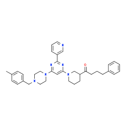 ChemSpider 2D Image | 1-(1-{6-[4-(4-Methylbenzyl)-1-piperazinyl]-2-(3-pyridinyl)-4-pyrimidinyl}-3-piperidinyl)-4-phenyl-1-butanone | C36H42N6O