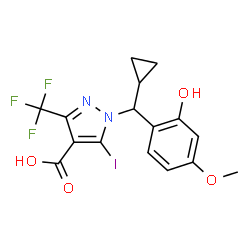ChemSpider 2D Image | 1-[Cyclopropyl(2-hydroxy-4-methoxyphenyl)methyl]-5-iodo-3-(trifluoromethyl)-1H-pyrazole-4-carboxylic acid | C16H14F3IN2O4
