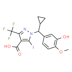 ChemSpider 2D Image | 1-[Cyclopropyl(3-hydroxy-4-methoxyphenyl)methyl]-5-iodo-3-(trifluoromethyl)-1H-pyrazole-4-carboxylic acid | C16H14F3IN2O4