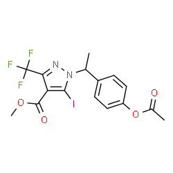 ChemSpider 2D Image | Methyl 1-[1-(4-acetoxyphenyl)ethyl]-5-iodo-3-(trifluoromethyl)-1H-pyrazole-4-carboxylate | C16H14F3IN2O4