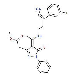 ChemSpider 2D Image | Methyl [(4Z)-4-(1-{[2-(5-fluoro-1H-indol-3-yl)ethyl]amino}ethylidene)-5-oxo-1-phenyl-4,5-dihydro-1H-pyrazol-3-yl]acetate | C24H23FN4O3
