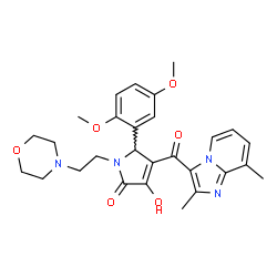 ChemSpider 2D Image | 5-(2,5-Dimethoxyphenyl)-4-[(2,8-dimethylimidazo[1,2-a]pyridin-3-yl)carbonyl]-3-hydroxy-1-[2-(4-morpholinyl)ethyl]-1,5-dihydro-2H-pyrrol-2-one | C28H32N4O6