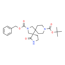 ChemSpider 2D Image | 13-Benzyl 9-(2-methyl-2-propanyl) (5R)-1-oxo-2,9,13-triazadispiro[4.0.5.3]tetradecane-9,13-dicarboxylate | C24H33N3O5