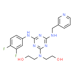 ChemSpider 2D Image | 2,2'-({4-[(3,4-Difluorophenyl)amino]-6-[(3-pyridinylmethyl)amino]-1,3,5-triazin-2-yl}imino)diethanol | C19H21F2N7O2