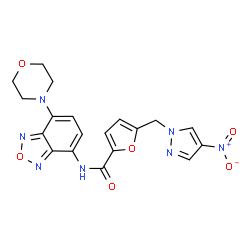 ChemSpider 2D Image | N-[7-(4-Morpholinyl)-2,1,3-benzoxadiazol-4-yl]-5-[(4-nitro-1H-pyrazol-1-yl)methyl]-2-furamide | C19H17N7O6