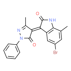 ChemSpider 2D Image | (3E)-5-Bromo-7-methyl-3-(3-methyl-5-oxo-1-phenyl-1,5-dihydro-4H-pyrazol-4-ylidene)-1,3-dihydro-2H-indol-2-one | C19H14BrN3O2
