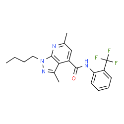ChemSpider 2D Image | 1-Butyl-3,6-dimethyl-N-[2-(trifluoromethyl)phenyl]-1H-pyrazolo[3,4-b]pyridine-4-carboxamide | C20H21F3N4O