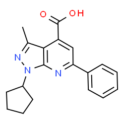 ChemSpider 2D Image | 1-cyclopentyl-3-methyl-6-phenylpyrazolo[3,4-b]pyridine-4-carboxylic acid | C19H19N3O2