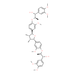 ChemSpider 2D Image | (1R,2R,1'R,2'R)-2,2'-{[(2S,3R,4S,5S)-3,4-Dimethyltetrahydrofuran-2,5-diyl]bis[(2-methoxy-4,1-phenylene)oxy]}bis[1-(3,4-dimethoxyphenyl)-1-propanol] | C42H52O11