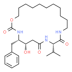 ChemSpider 2D Image | (4S,5S,9S)-4-Benzyl-5-hydroxy-9-isopropyl-1-oxa-3,8,11-triazacyclodocosane-2,7,10-trione | C28H45N3O5