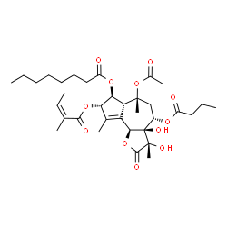 ChemSpider 2D Image | (3S,3aR,4S,6R,6aR,7S,8S,9bS)-6-Acetoxy-4-(butyryloxy)-3,3a-dihydroxy-3,6,9-trimethyl-8-{[(2Z)-2-methyl-2-butenoyl]oxy}-2-oxo-2,3,3a,4,5,6,6a,7,8,9b-decahydroazuleno[4,5-b]furan-7-yl octanoate | C34H50O12
