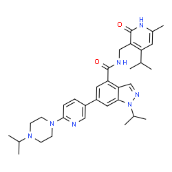 ChemSpider 2D Image | 1-Isopropyl-N-[(4-isopropyl-6-methyl-2-oxo-1,2-dihydro-3-pyridinyl)methyl]-6-[6-(4-isopropyl-1-piperazinyl)-3-pyridinyl]-1H-indazole-4-carboxamide | C33H43N7O2