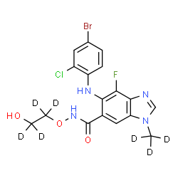 ChemSpider 2D Image | 5-[(4-Bromo-2-chlorophenyl)amino]-4-fluoro-N-{[2-hydroxy(~2~H_4_)ethyl]oxy}-1-(~2~H_3_)methyl-1H-benzimidazole-6-carboxamide | C17H8D7BrClFN4O3