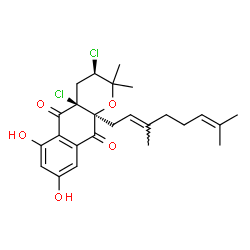 ChemSpider 2D Image | (3R,4aS,10aS)-3,4a-Dichloro-10a-[(2E)-3,7-dimethyl-2,6-octadien-1-yl]-6,8-dihydroxy-2,2-dimethyl-3,4,4a,10a-tetrahydro-2H-benzo[g]chromene-5,10-dione | C25H30Cl2O5