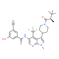 ChemSpider 2D Image | 3-Cyano-5-hydroxy-N-[1-methyl-4-(trifluoromethyl)-3-{1-[(2R)-2,3,3-trimethylbutanoyl]-4-piperidinyl}-1H-pyrrolo[2,3-b]pyridin-5-yl]benzamide | C29H32F3N5O3