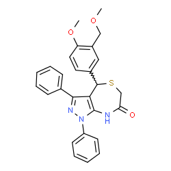 ChemSpider 2D Image | 4-[4-Methoxy-3-(methoxymethyl)phenyl]-1,3-diphenyl-4,8-dihydro-1H-pyrazolo[3,4-e][1,4]thiazepin-7(6H)-one | C27H25N3O3S