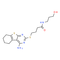 ChemSpider 2D Image | 4-[(4-Amino-5,6,7,8-tetrahydro[1]benzothieno[2,3-d]pyrimidin-2-yl)sulfanyl]-N-(3-hydroxypropyl)butanamide | C17H24N4O2S2