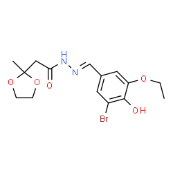 ChemSpider 2D Image | N'-[(E)-(3-Bromo-5-ethoxy-4-hydroxyphenyl)methylene]-2-(2-methyl-1,3-dioxolan-2-yl)acetohydrazide | C15H19BrN2O5