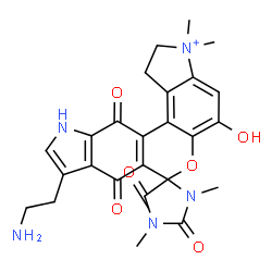 ChemSpider 2D Image | 9'-(2-Aminoethyl)-5'-hydroxy-1,3,3',3'-tetramethyl-2,5,8',12'-tetraoxo-1',2',3',8',11',12'-hexahydrospiro[imidazolidine-4,7'-pyrrolo[3',2':5,6]chromeno[3,4-f]indol[3]ium] | C25H26N5O6