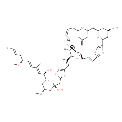 ChemSpider 2D Image | (1R,6E,9R,11R,12R,13S,25S,27R,31S)-11-{(1E)-1-[2-({(2S,4R,6R)-6-[(1R,2E,4E,6R,8E)-9-Bromo-1-hydroxy-6-methoxy-3-methyl-2,4,8-nonatrien-1-yl]-2-hydroxy-4-methoxytetrahydro-2H-pyran-2-yl}methyl)-1,3-oxa
zol-4-yl]-1-propen-2-yl}-27-hydroxy-12,31-dimethyl-21-methylene-4,10,14,29,30-pentaoxa-32-azapentacyclo[23.3.1.1~2,5~.1~9,13~.1~19,23~]dotriaconta-2,5(32),6,16-tetraen-15-one | C53H71BrN2O13