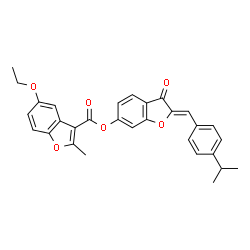 ChemSpider 2D Image | (2Z)-2-(4-Isopropylbenzylidene)-3-oxo-2,3-dihydro-1-benzofuran-6-yl 5-ethoxy-2-methyl-1-benzofuran-3-carboxylate | C30H26O6
