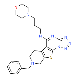 ChemSpider 2D Image | 8-Benzyl-N-[3-(4-morpholinyl)propyl]-6,7,8,9-tetrahydropyrido[4',3':4,5]thieno[3,2-e]tetrazolo[1,5-a]pyrimidin-5-amine | C23H28N8OS