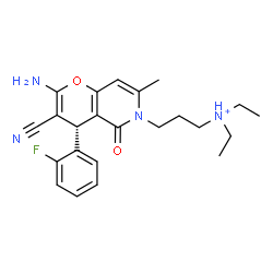 ChemSpider 2D Image | 3-[(4R)-2-Amino-3-cyano-4-(2-fluorophenyl)-7-methyl-5-oxo-4H-pyrano[3,2-c]pyridin-6(5H)-yl]-N,N-diethyl-1-propanaminium | C23H28FN4O2