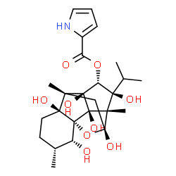 ChemSpider 2D Image | (1R,2R,3R,6S,7R,9R,10S,11S,12R,13S,14R)-2,6,9,11,13,14-Hexahydroxy-11-isopropyl-3,7,10-trimethyl-15-oxapentacyclo[7.5.1.0~1,6~.0~7,13~.0~10,14~]pentadec-12-yl 1H-pyrrole-2-carboxylate | C25H35NO9