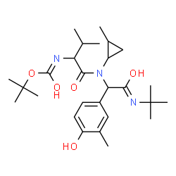 ChemSpider 2D Image | 2-Methyl-2-propanyl {1-[{1-(4-hydroxy-3-methylphenyl)-2-[(2-methyl-2-propanyl)amino]-2-oxoethyl}(2-methylcyclopropyl)amino]-3-methyl-1-oxo-2-butanyl}carbamate | C27H43N3O5